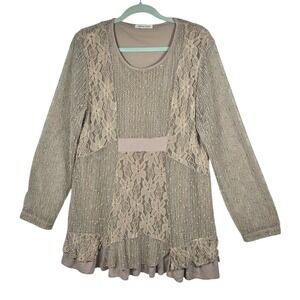 Indigo Soul Womens Floral Lace Net Mesh Tunic Top Ruffle Hem Taupe Long‎ Sleeve